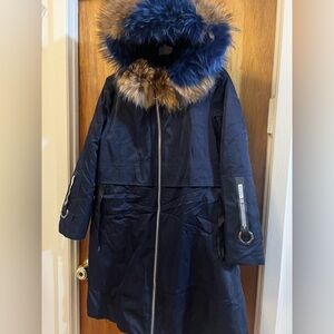 Women's parka Navy Blue and Brown Fur Hooded Coat